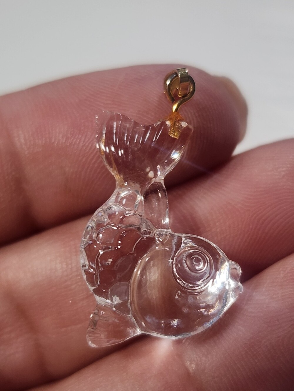 Vintage Hand Carved Clear Crystal Fish Pendant Gold Tone Bail Charm.